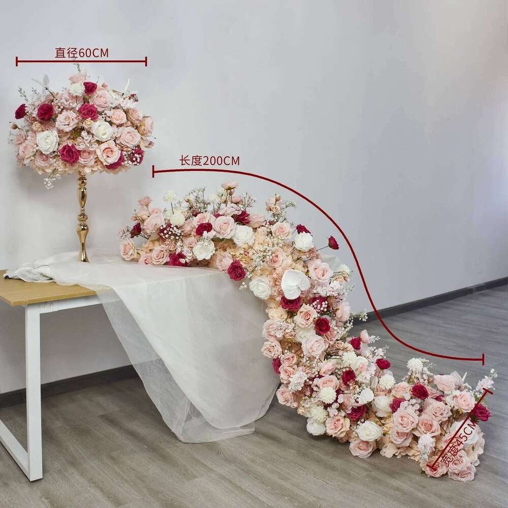 Brand-new Pink Rose Hydrangea Flower Row Runner Artificial Flowers Wedding Backdrop Decor Floral Wall Party Prop Window Display W260130
