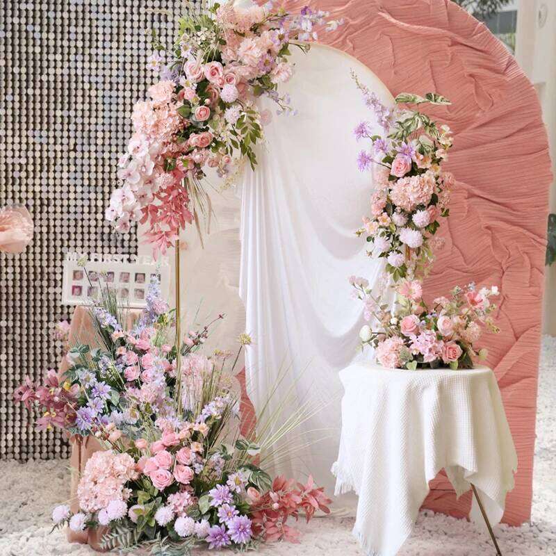 Luxur pink Rose artificial row wedding background decoration moon shape horn table flower Displays Props Y260130