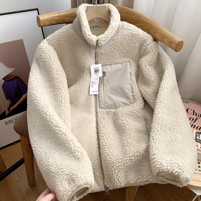 Japanese Style Unisex Fleece Jacket Winter Thickened Warm Stand Collar Sherpa Coat for Men Women Loose Fit Outdoor Zipper Jacket