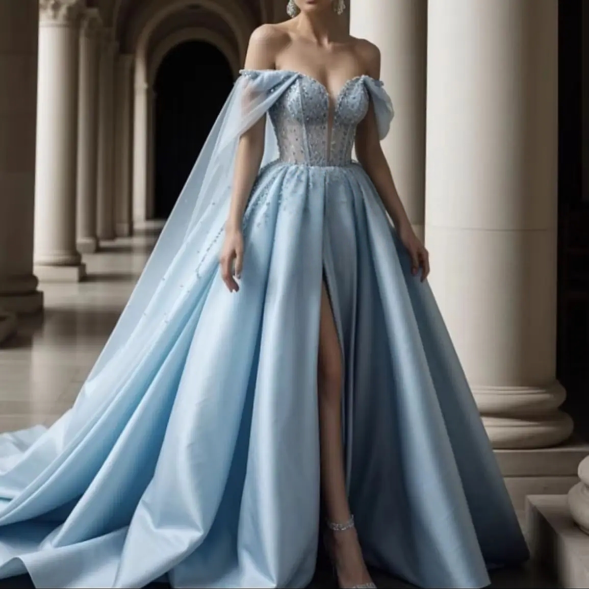 Elegant Light Sky Blue Satin Evening Dresses With Cape Wrap Off-Shoulder Front Slit A-Line Long Chic Formal Gowns Appliques Beaded Prom Dress 2026