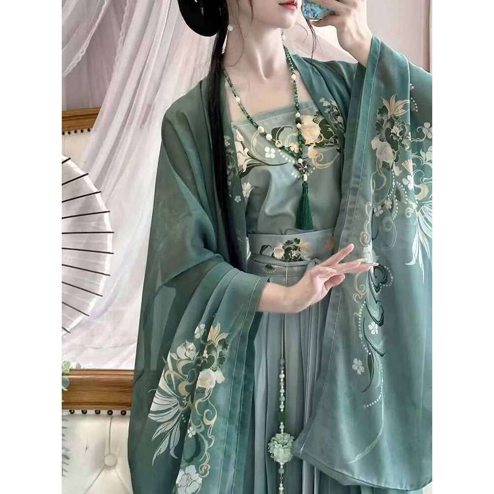Hanfu Dress Women Chinese Traditional Vintage Hanfu Female Halloween Cosplay Costume Printed Hanfu Green 3pcs Sets Plus Size XL
