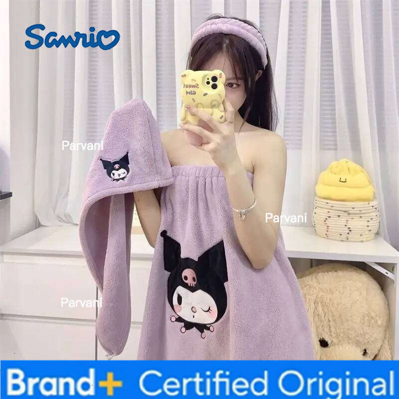 Sanrio Autumn Winter Cartoon Bathrobe Girl Hair Drying Hairband Coral Fleece Thicken Wearable Towel Take A Bath Tube Dress H260130