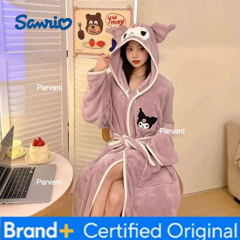 Sanrio Anime ed Pajamas Women Kuromi Cinnamoroll Hooded Bathrobe Kawaii My Melody Cotton Thickened Cute Cartoon Sleeprobe Girls H260130