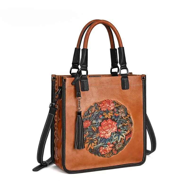 Johnature Chinese Style Retro Embossed Women Bag Genuine Leather New Versatile Real Cowhide Large Capacity Shoulder Bags KABAHEBINGJUE