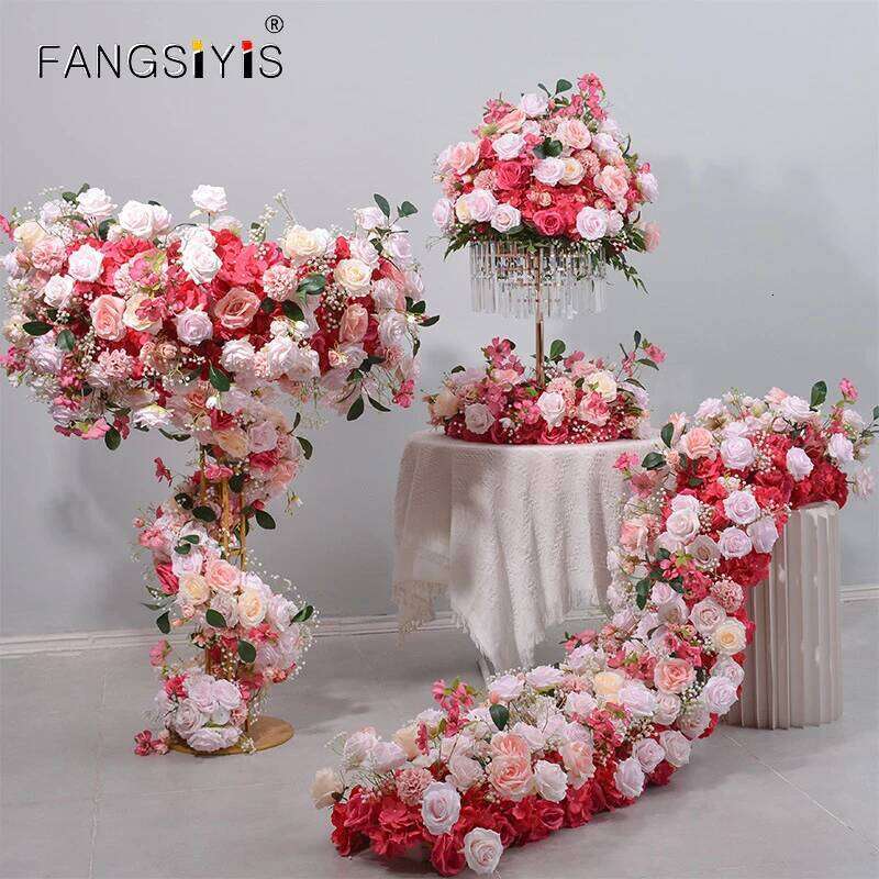 New Hot Pink Rose peony green leaf Artificial Large Runner Row Flower Ball Wedding Backdrop Decoatian Event Party Props W260130