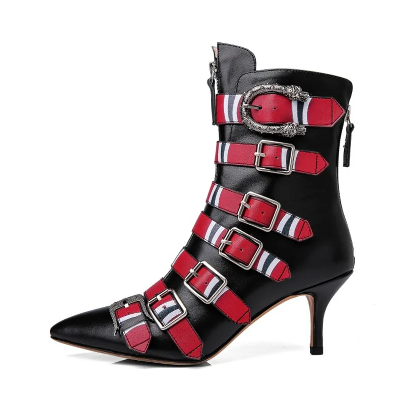 Brand Fashion Show Genuine Leather Women's Short Boots Belt Buckle Pointed High Heels Fashion European American Woman Shoe, kitten heel, zipper, 