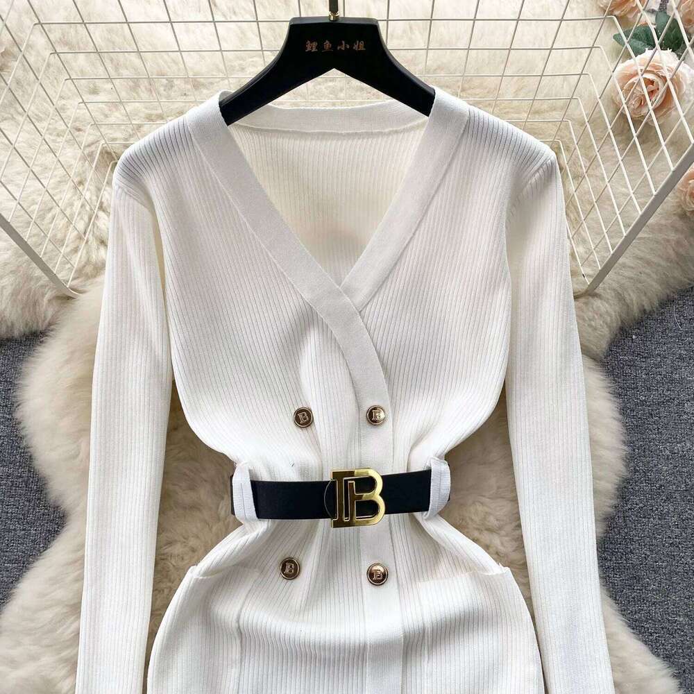 YuooMuoo Lady Brand Letter Buttons Knitted Sweater with Belt Elegant Double-breasted Bodycon Office Dress Party Vestidos XJ260130