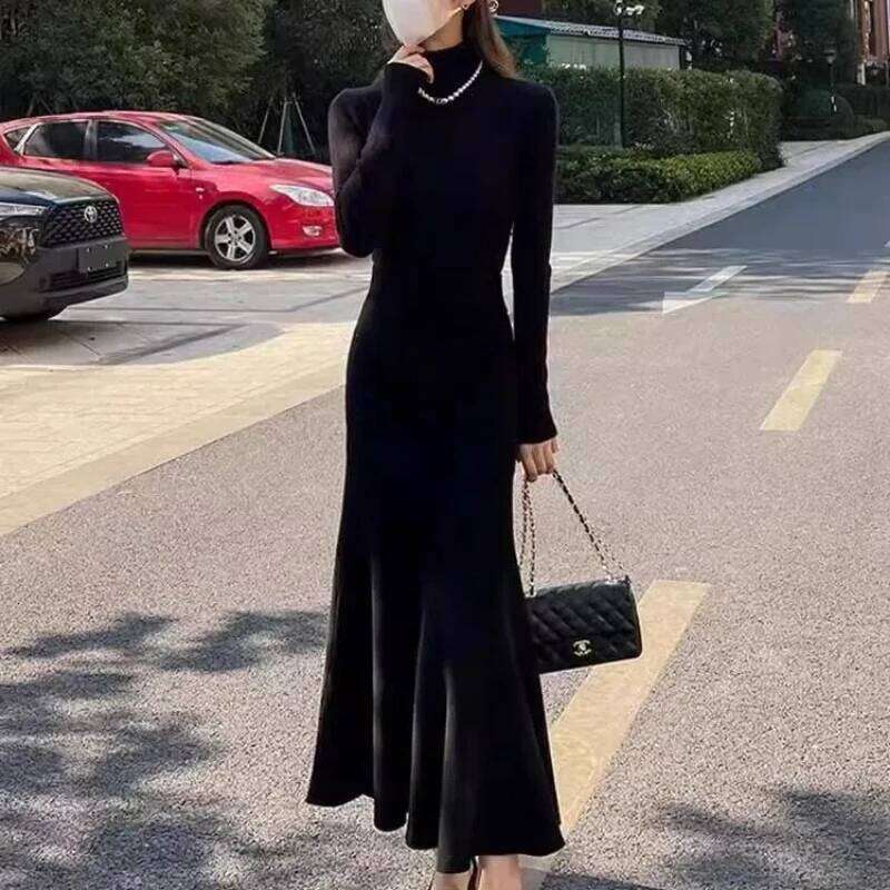 Autumn Winter New Fashion High Collar Long Sleeve Solid Women's Clothing Slim Korean All-match Temperament Knitting Chic Dresses XJ260130