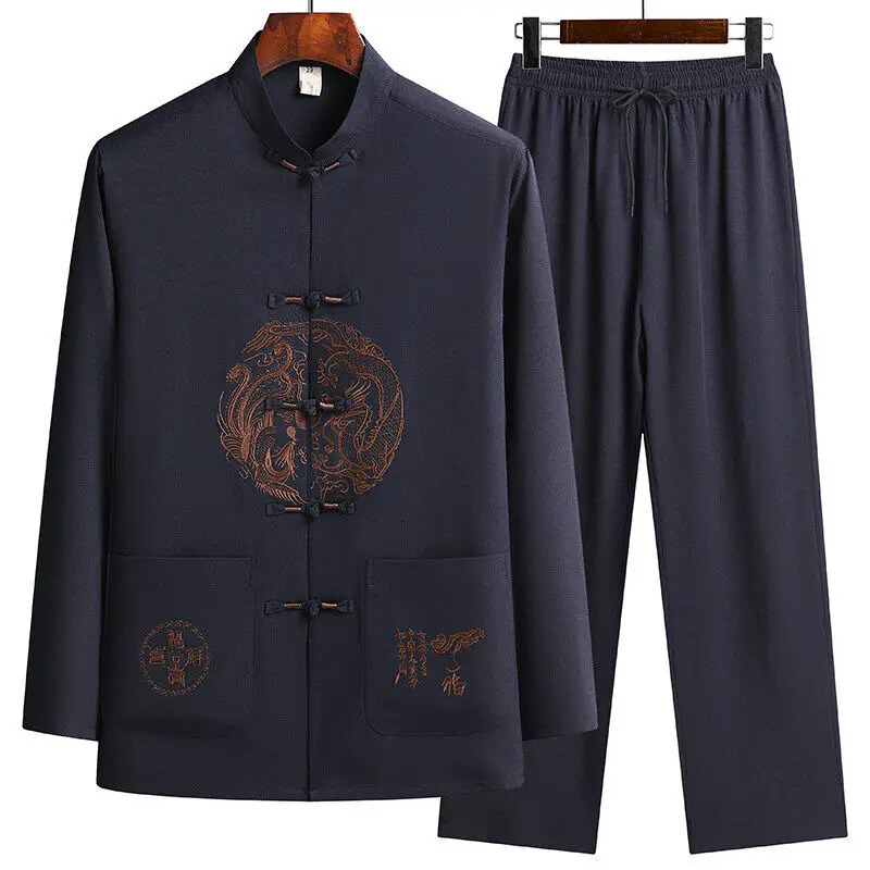 Male printing Chinese style long sleeves shirts trouser 100 Cotton Silk fabric Sportswear Mens Casual Sets Shirts Pants260130