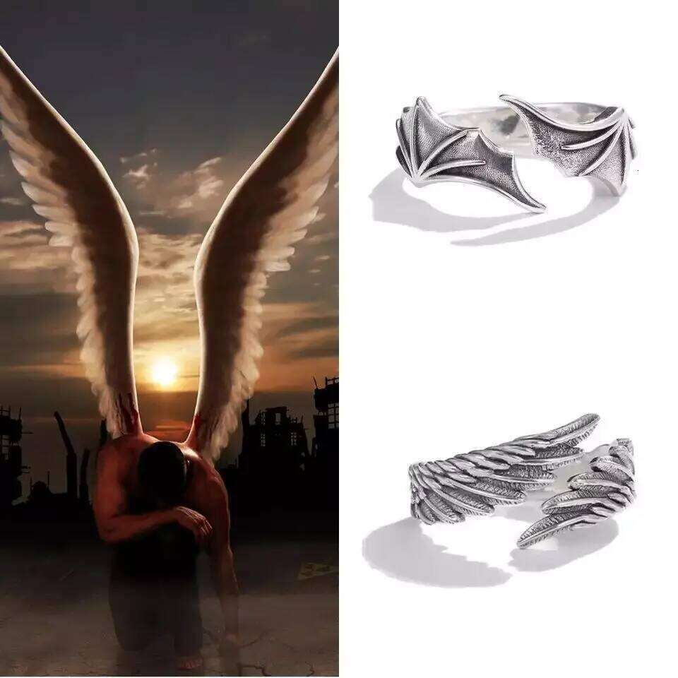 2pcs/pack Vintage Angel Wing Demon Eye Hip Hop Adjustable Couples Rings for Men Women Retro Silver Color Jewelry New XJ260130