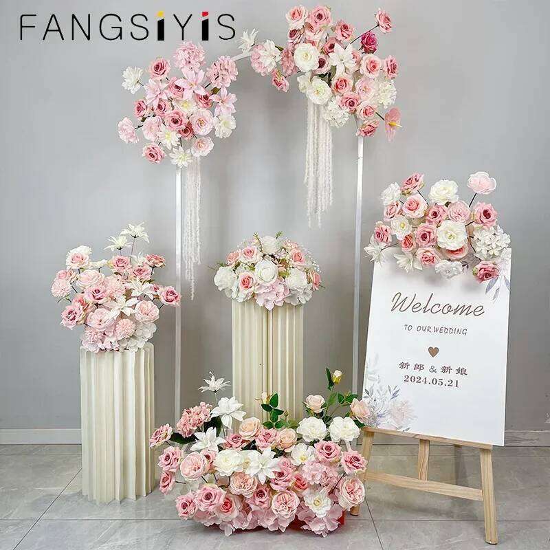 Pink White Aisle Floor Floral Arrangement Wedding Backdrop Arch Decor Hanging Rose Peony Orchid Hydrangea Flower Row Supplies W260130