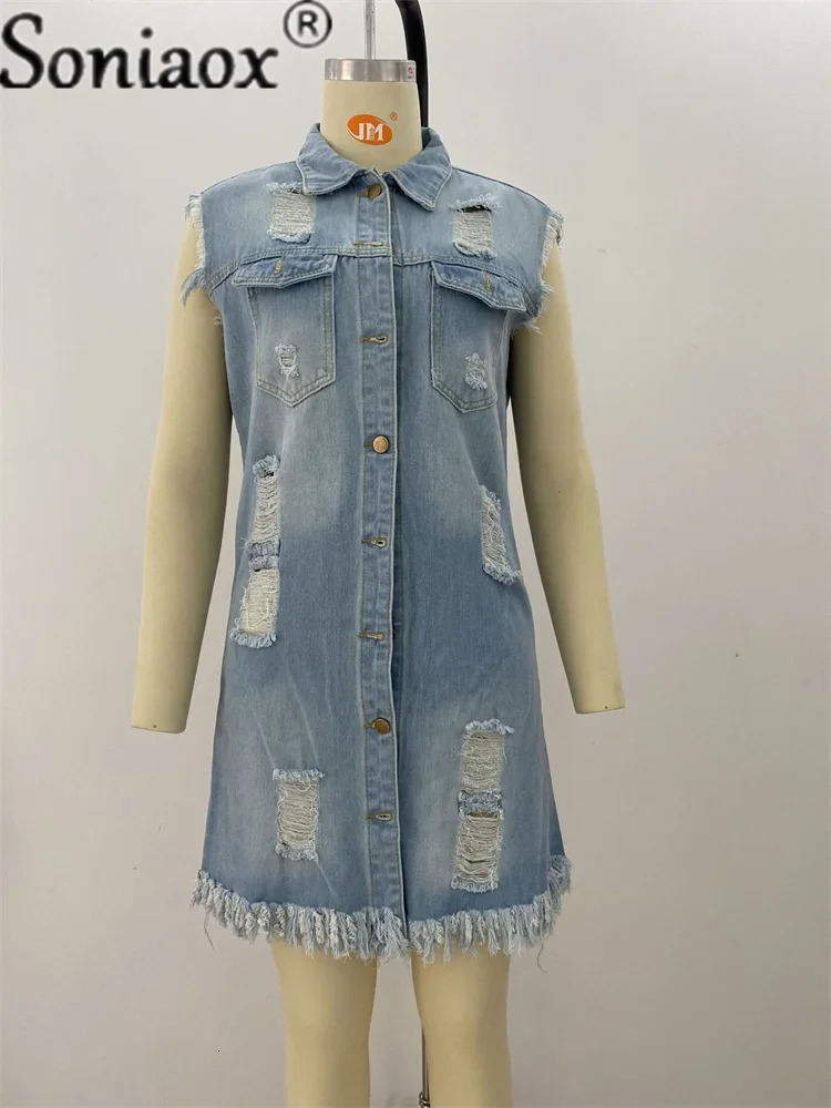 2024 Womens Hole Patch Denim Jackets Ladies Fashion Sleeveless Ripped Distressed Long Jacket Coat Outwear Women Clothing 260120