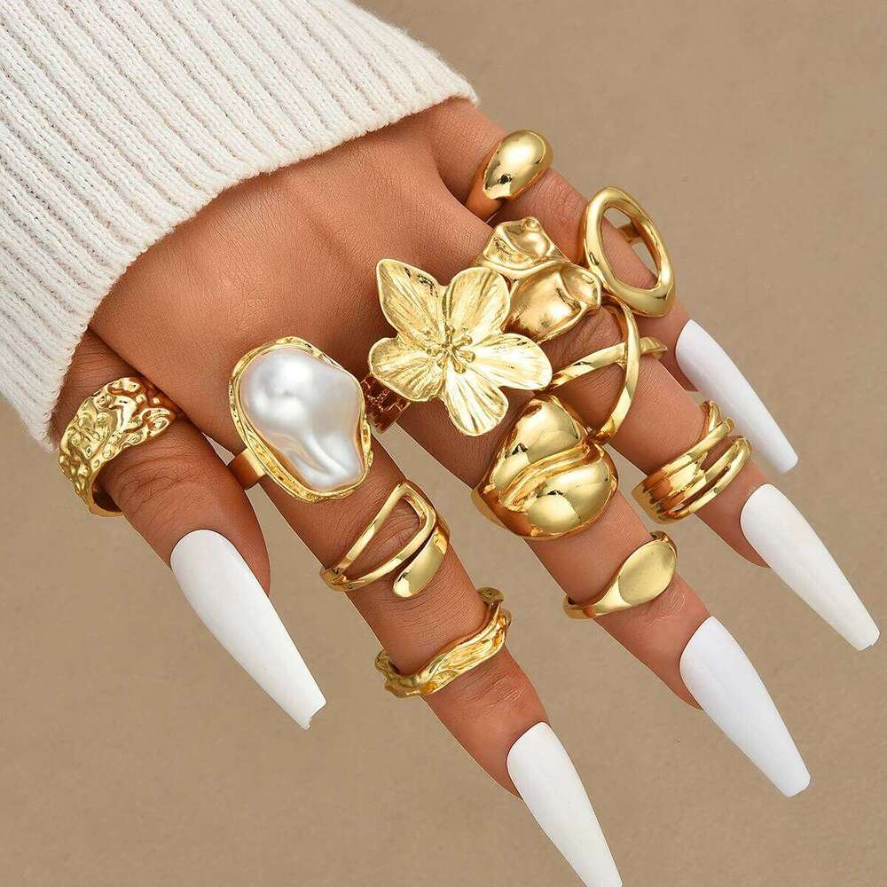12 Pcs Irregular Gold Color Flower Opening Set for Women Bohemian Imitation Pearl Geometric Rings Holiday Jewelry Gift New XJ260130