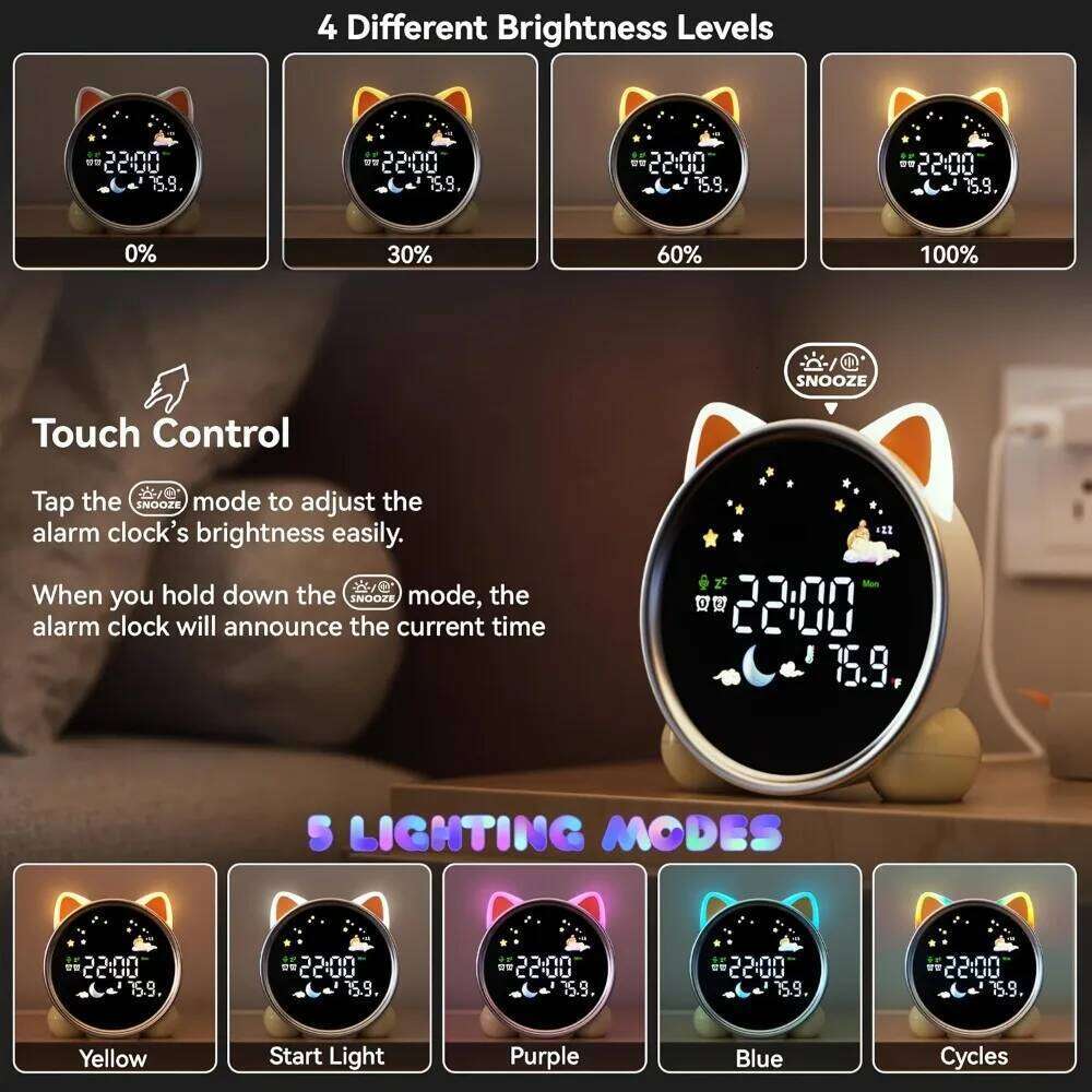 Kids Alarm Clock Ready Rise Children's Sleep Trainer Night Light Sound Machine Cute Cat Design Fun to Wake for Toddlers Gift W260130
