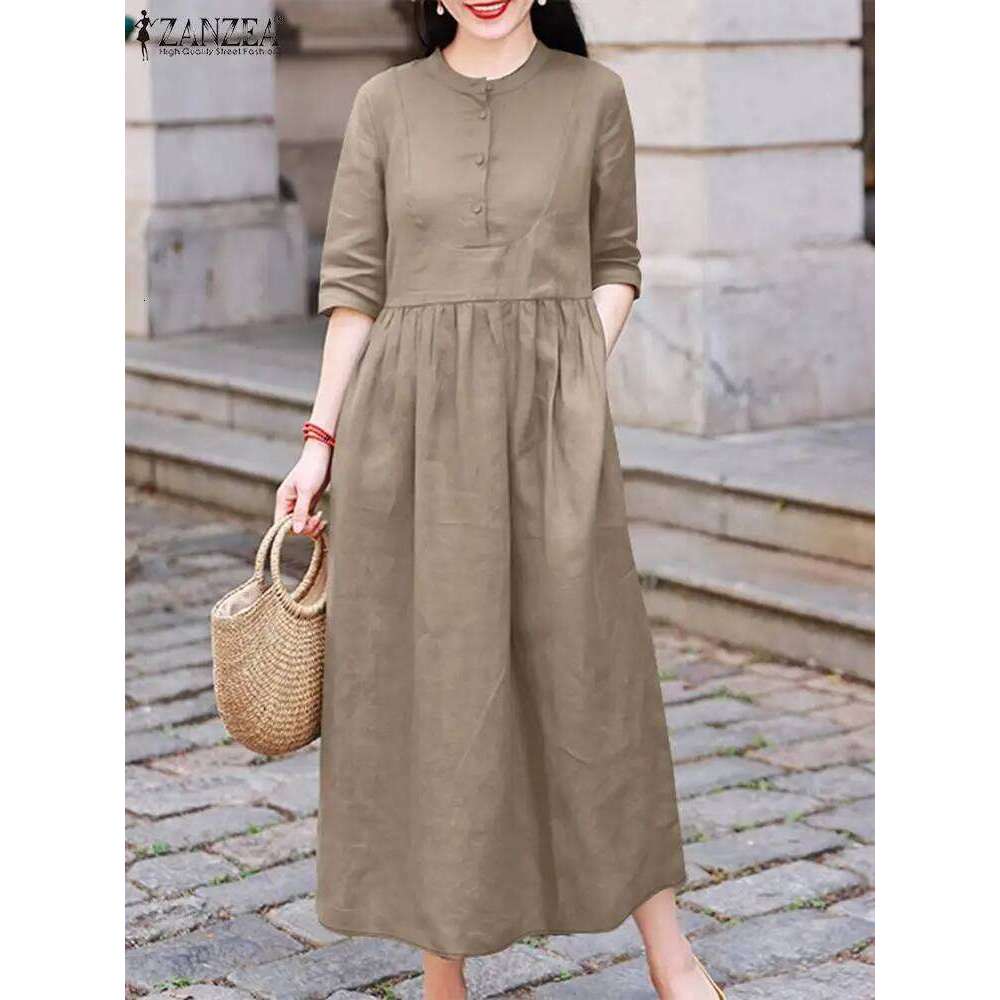 ZANZEA Elegant Commute Midi Dress Half Sleeve Solid Color Autumn Pleated A-line Vestidos O Neck Casual Fashion Women Robe Femme XJ260130