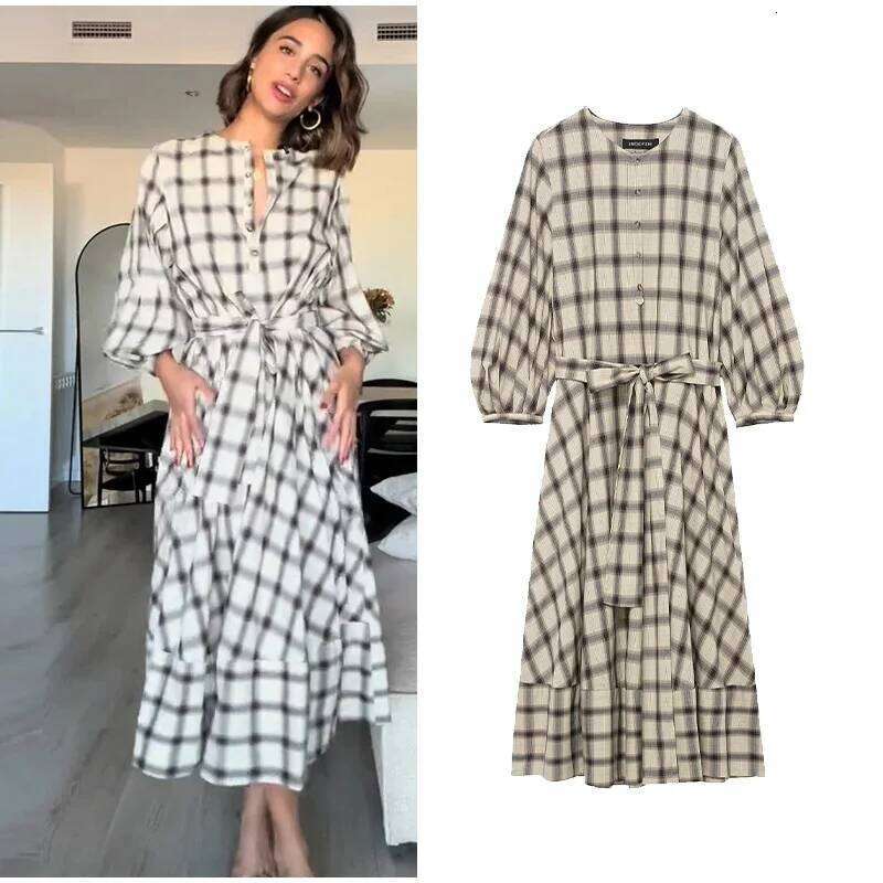 HipSeam Women Check Shirt with Belt Spring Autumn O Neck Button Women's Long Dress Flared Hem Female Chic Midi Dresses XJ260130