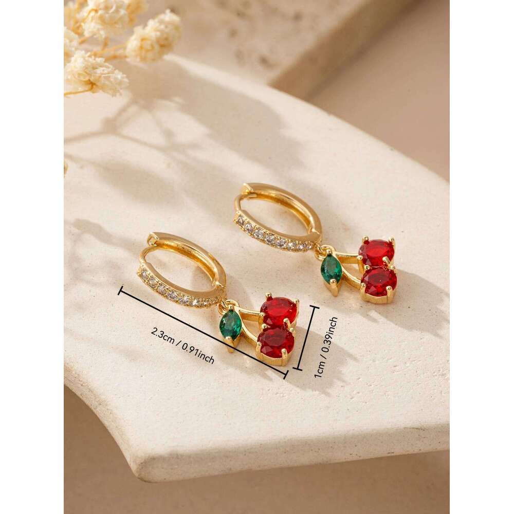 Cherry Huggie Earrings CZ Colored Gemstone Inlaid, Dainty Fruit - Shaped Jewelry for Women, Daily & Party Wear