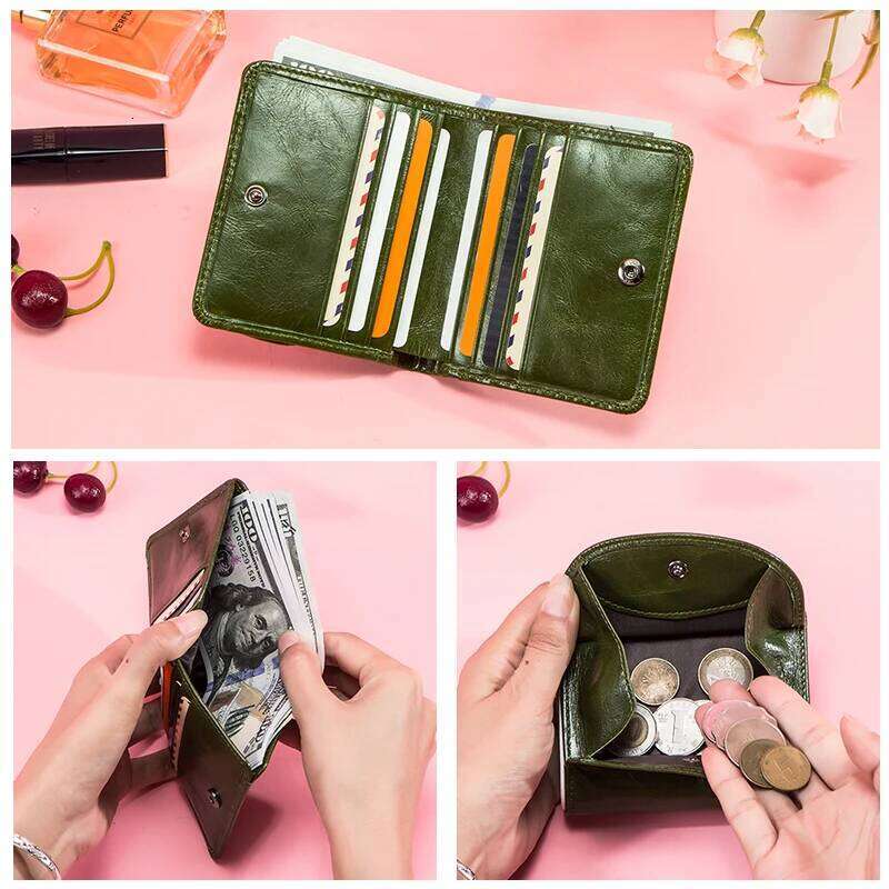 Contact's 100% Genuine Leather Wallet Green Women Small Coin Purse Card Holder Wallets Mini Money Bag for Ladies Carteras Z260130