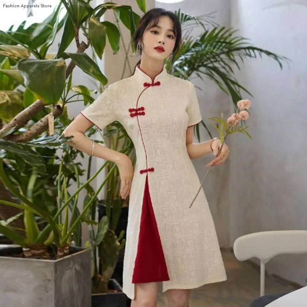 Fashion 2026 Stand Collar Short Sleeve Qipao Long Fork Vintage Traditional Chinese Dress China-Chic Casual Cheongsam Women Designer