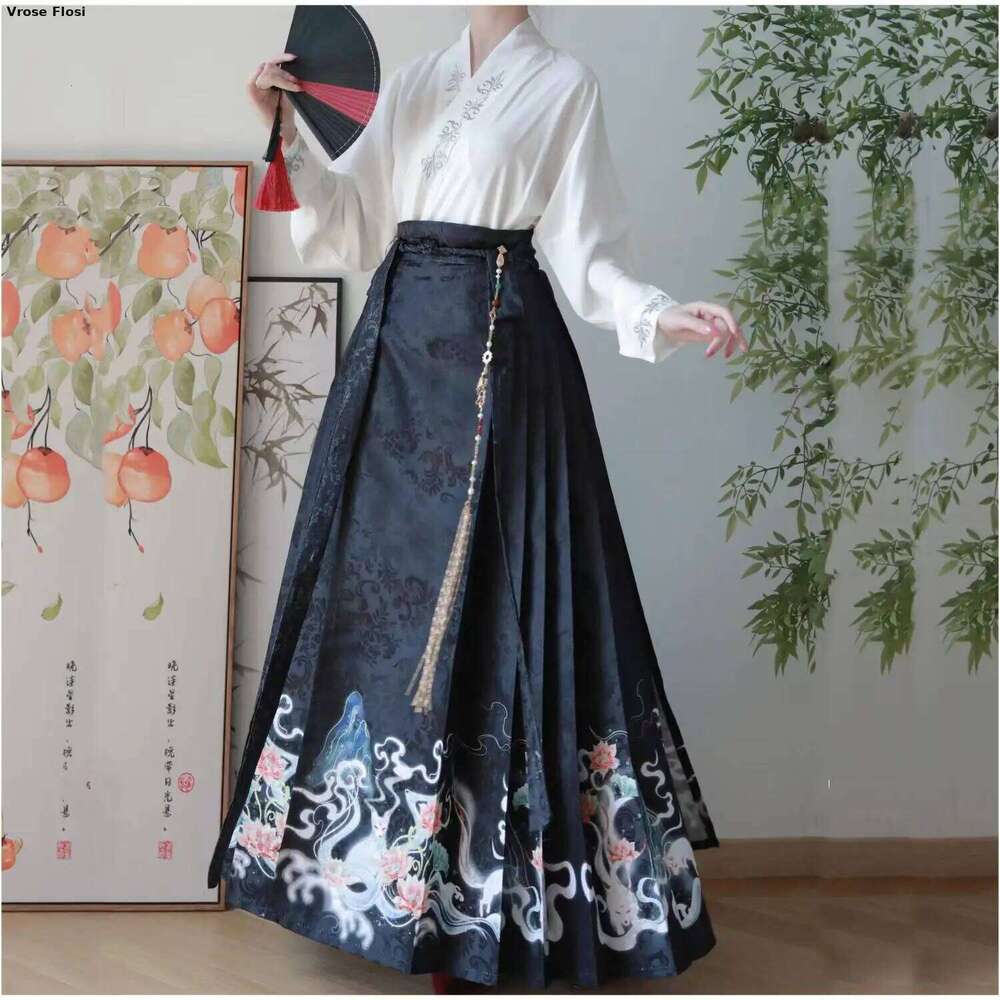 Vintage Women Traditional Cardigan + Blue Pleated Mamian Chinese Hot Hanfu Shirt Horse Face Skirt Set