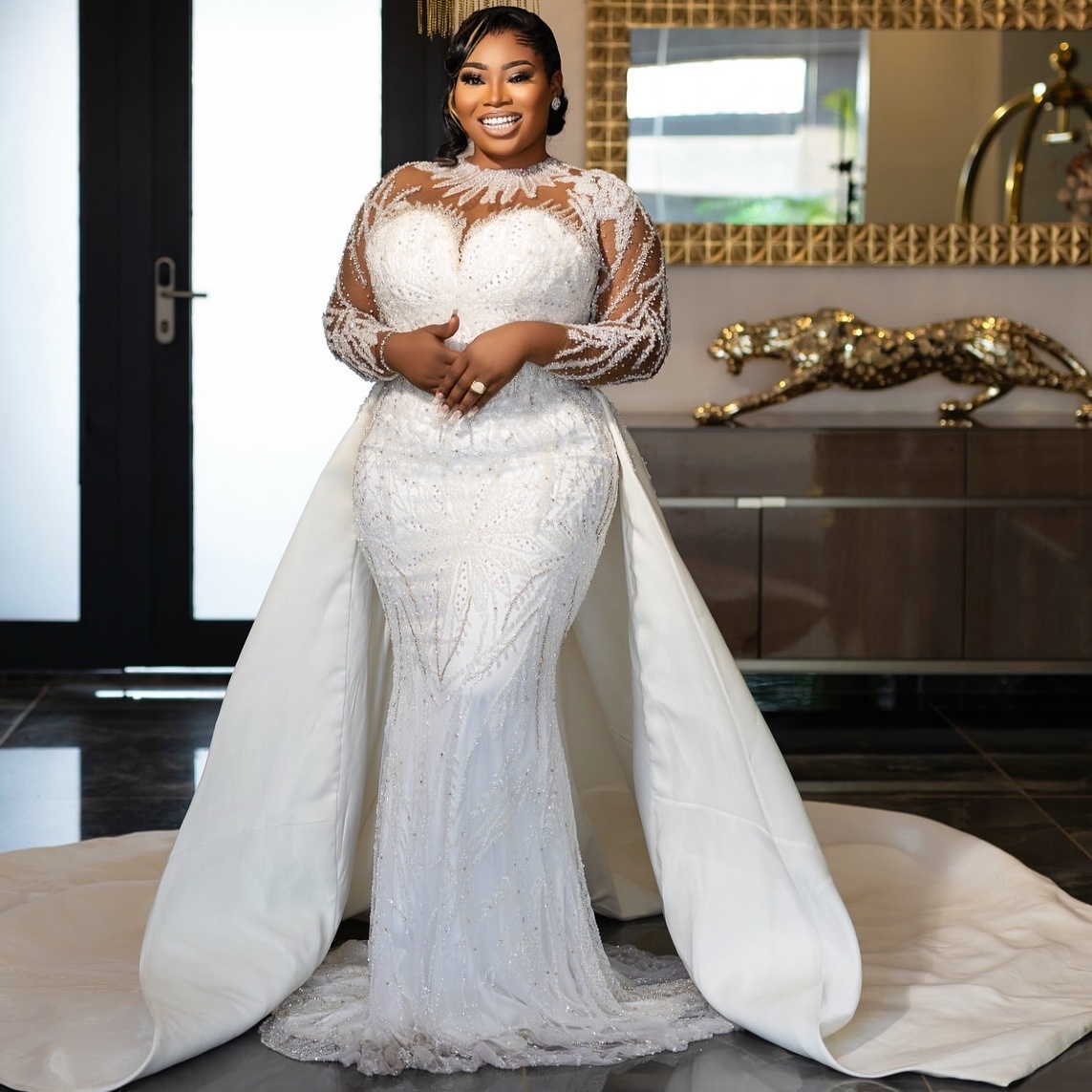 African Aso Ebi 2026 Ivory Mermaid Wedding Dress Crystals Beaded Sequined Lace Full Sleeves Detachable Train Vintage Bridal Gowns Dresses ZJ234
