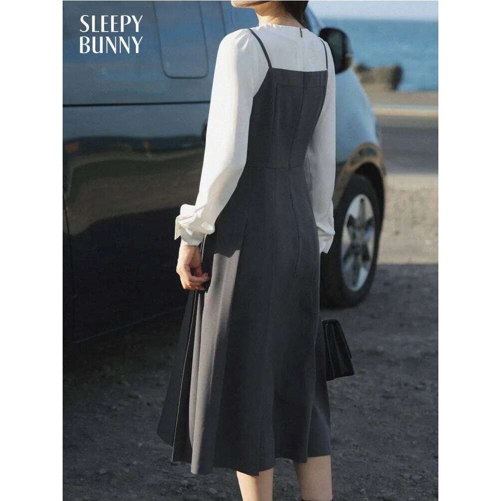 Layered Look Long Sleeve for Women Lady Elegant Slim Fit Waist Defined Midi Dress Casual Academic Style Spring Daily Wear XJ260130