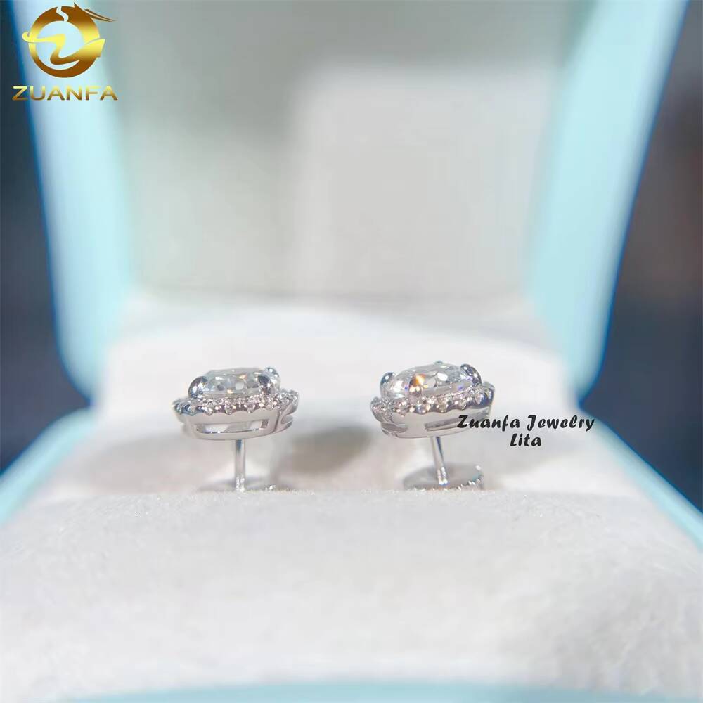 Fashion Jewlery Iced Out Halo Design 1ct Center Stone Silver Stud Moissanite Earrings