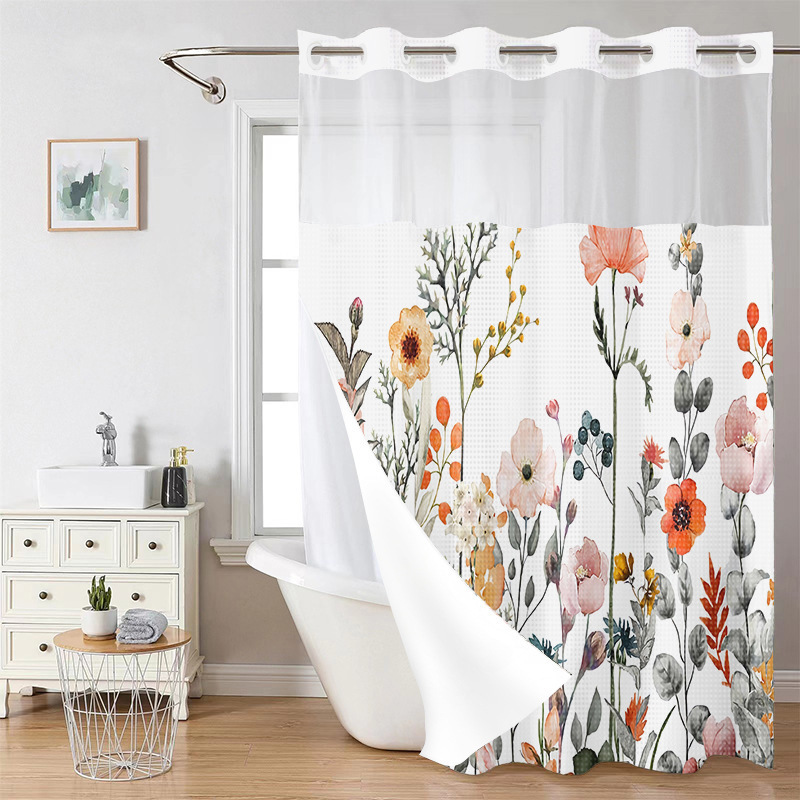 YL-38247 Digital Printed Double-Layer Large Ring Polyester Shower Curtain - Waterproof and Mildew-Proof, Floral Pattern Bathroom Curtain