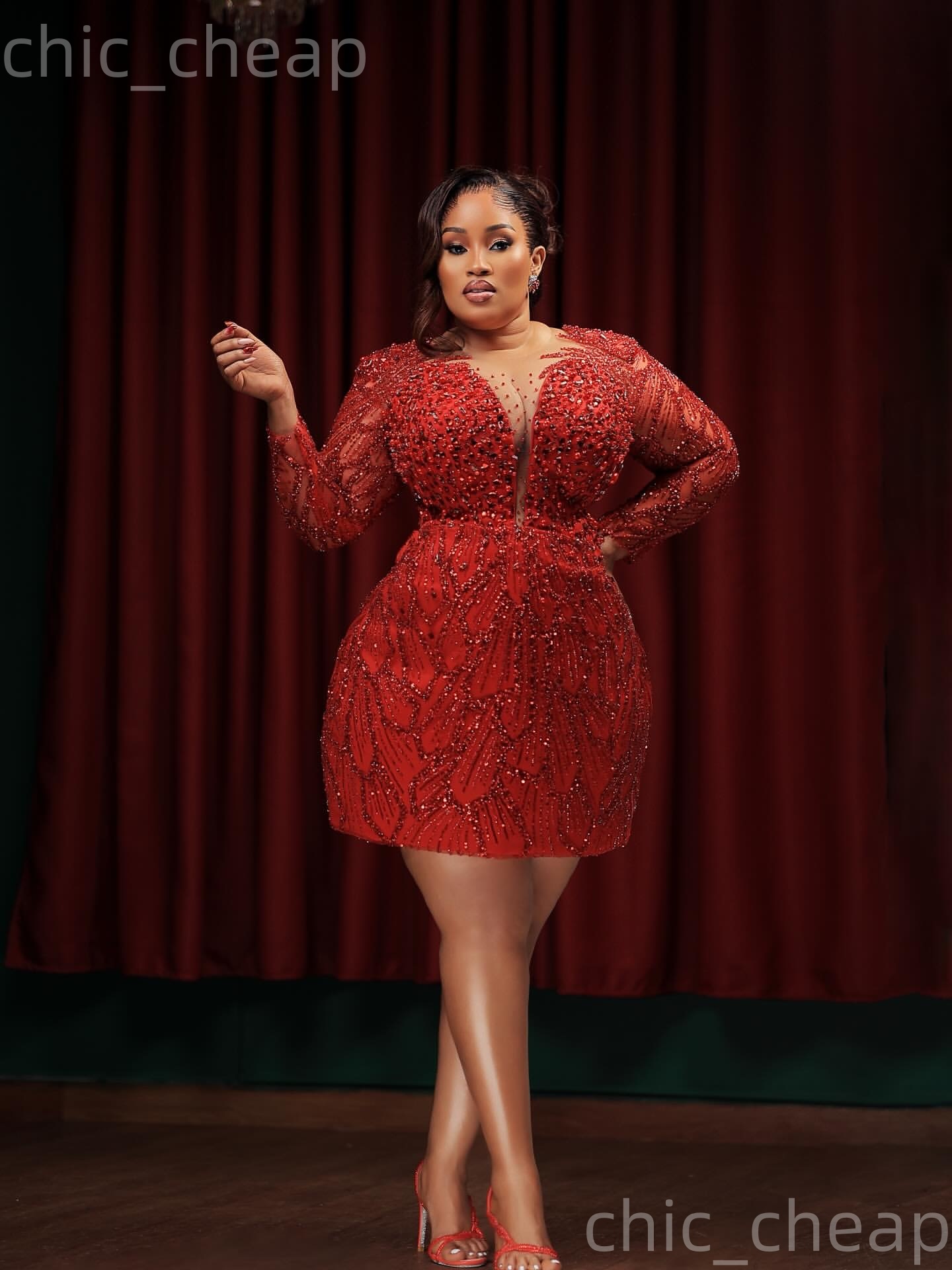 Chic Red Sheath 2026 Cocktail Dress Beaded Crystals Full Sleeves Sequined Short Mini Graduation Homecoming Dresses For Special Occasions Sweetheart Go
