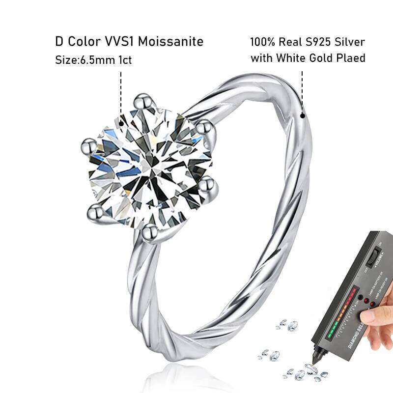 Tezzc 1CT 6.5mm Moissanite Rings for Women Solitaire Engagement Promise Bands Diamond Top-quality S925 Sterling Silver Jewelry XJ260130
