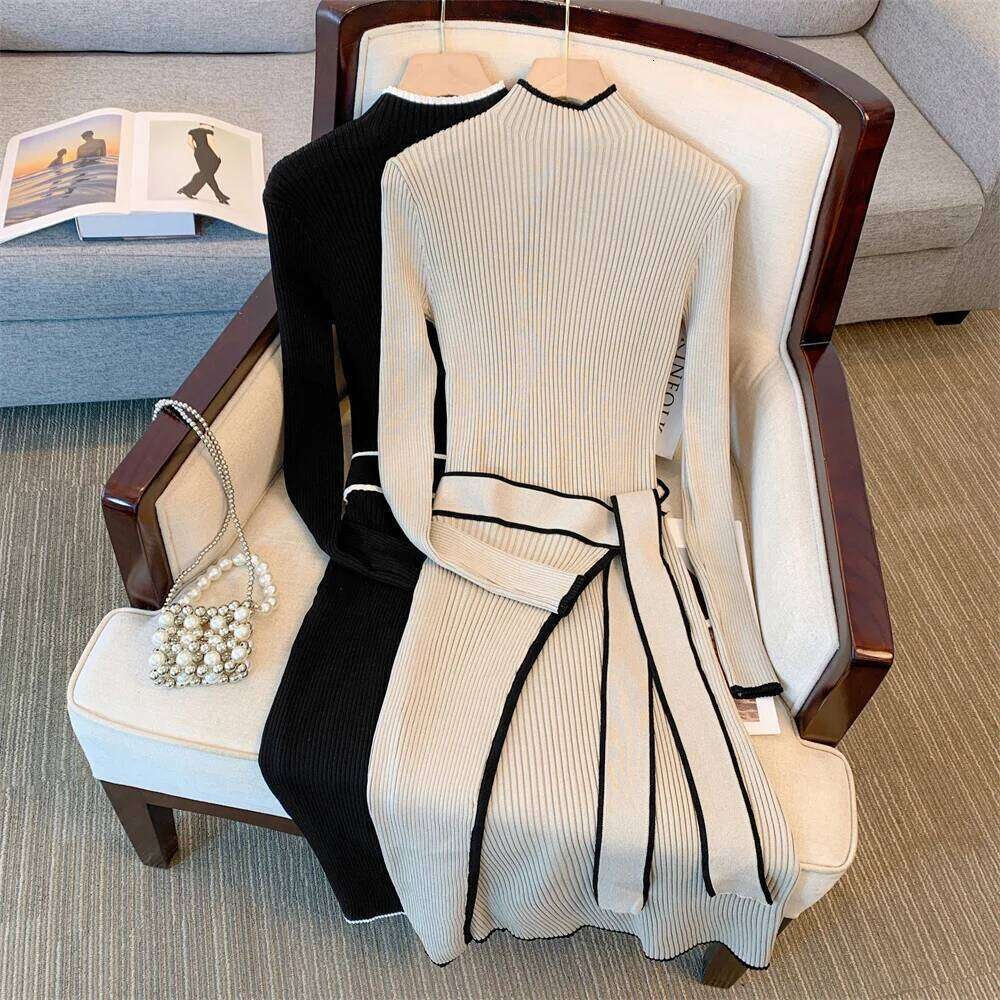 YuooMuoo Brand Fashion Lace-up Knitted Women 2025 Autumn Winter Elegant Bodycon Long Sweater Dress Office Lady Vestidos XJ260130