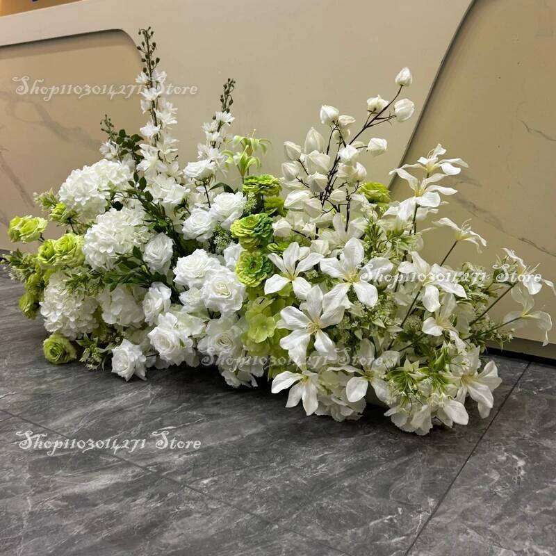 Green Leaf Silk Rose White Hydrangea Floor Flowers Row Wedding Table Floral Commercial Plaza Partition Hotel scene Layout Decor W260130