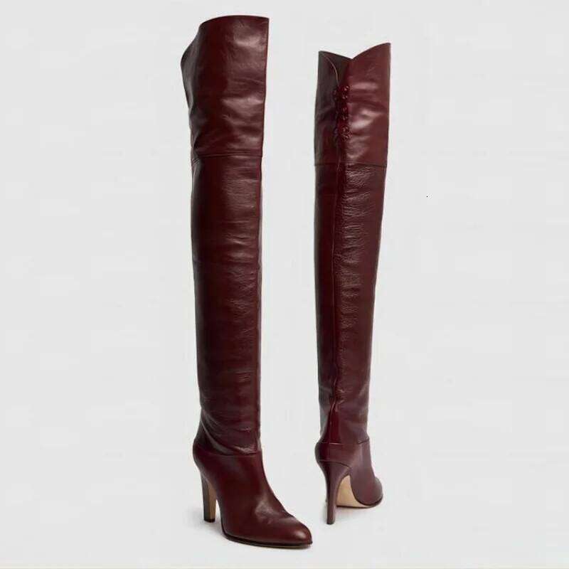 European American Simple and Versatile High Heels Over The Knee Sleeve Leather Boots, Women's Large Round Knight Boots - view 5