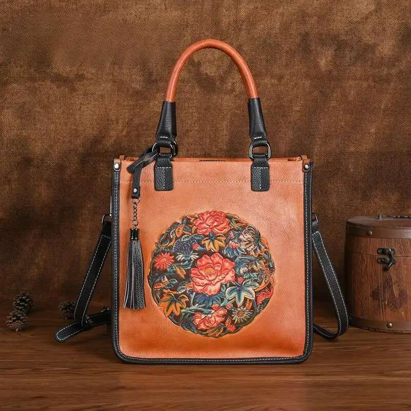 Johnature Chinese Style Retro Embossed Women Bag Genuine Leather New Versatile Real Cowhide Large Capacity Shoulder Bags KABAHEBINGJUE