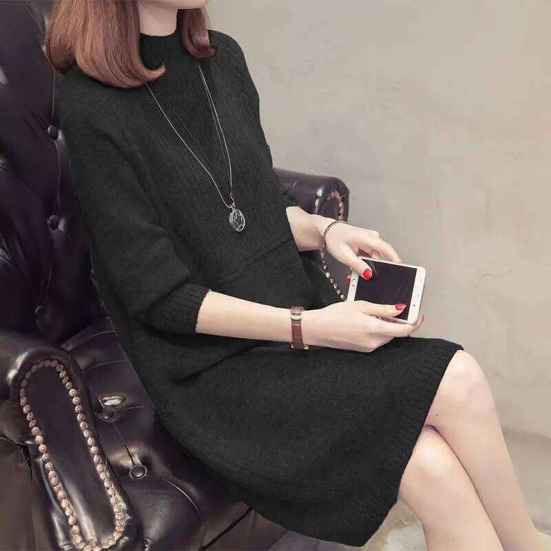 2023 Autumn and Winter Women's Pullover Half High Neck Sweater Solid Color Loose Mid Length Underlay Fashion Long Sleeve Dresses XJ260130