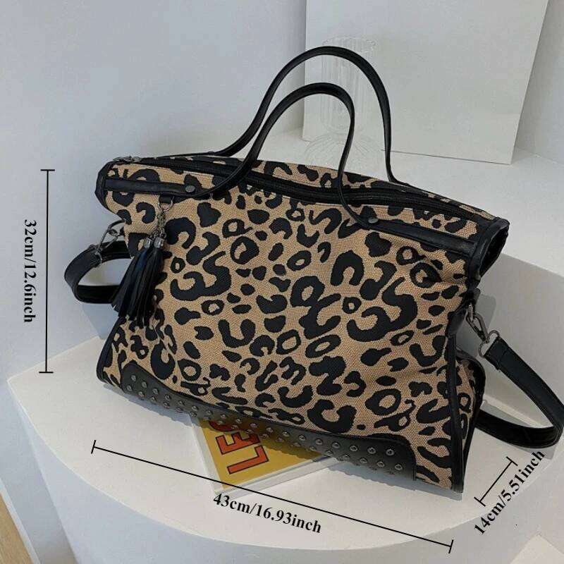 Fashion Leopard Pattern Women's Handbag Retro Rivet New Large Capacity Multi Functional Travel Shoulder Crossbody Bag Z260130