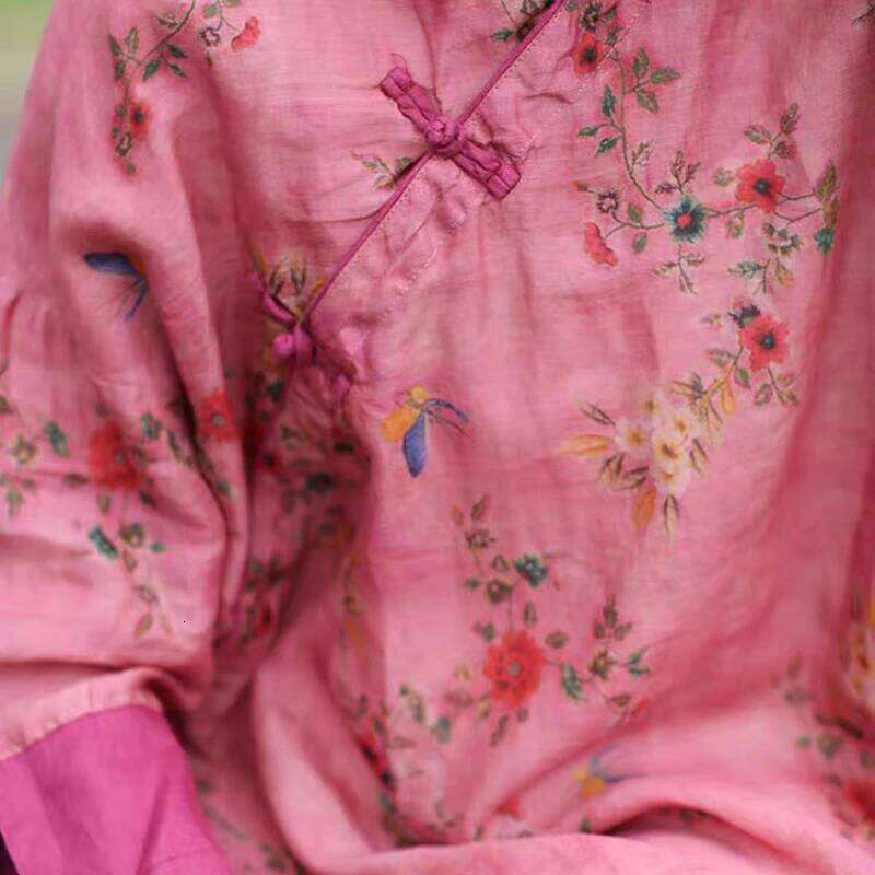 Spring Summer New Chinese Style Women Improved Qipao Long Dress Vintage Print Ramie A-Line Loose Dresses Good Quality Tj47