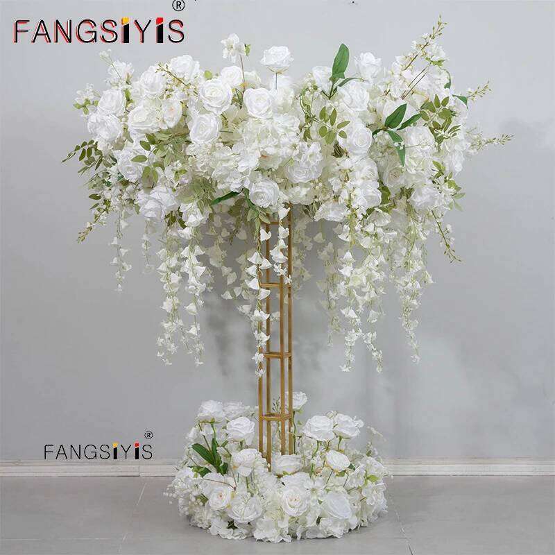 Luxury White Red Floral Arrangement Wreath Decor Wedding Table Centeriece Golden Stand Arch Flower String Runner Event Props W260130