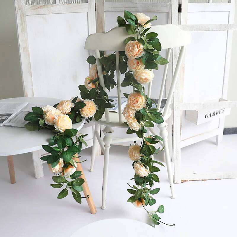 Pink Silk Peony Rose Flower Artificial Ivy Rattan Wedding Party Wall Hanging Garland Home Garden Decoration Green Plants Y260130
