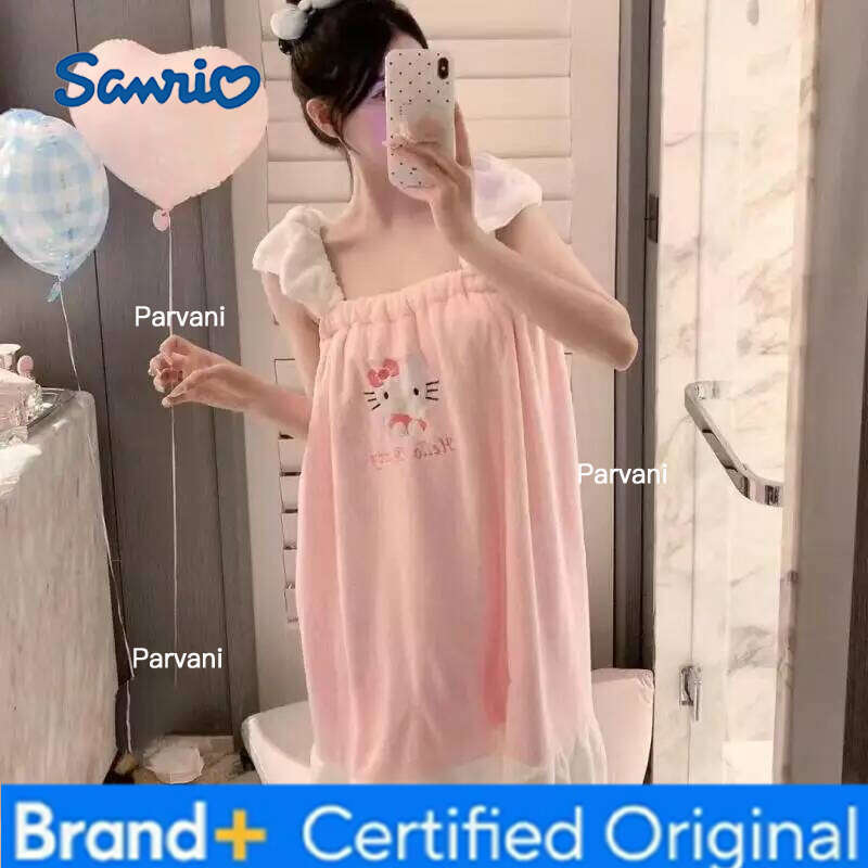 Sanrio 2026 New Women's Cute Kitten Warm Fluffy Sleepwear Ladies Soft Comfort Nightdress Casual Home Wear Autumn Winter Bath Towel H260130
