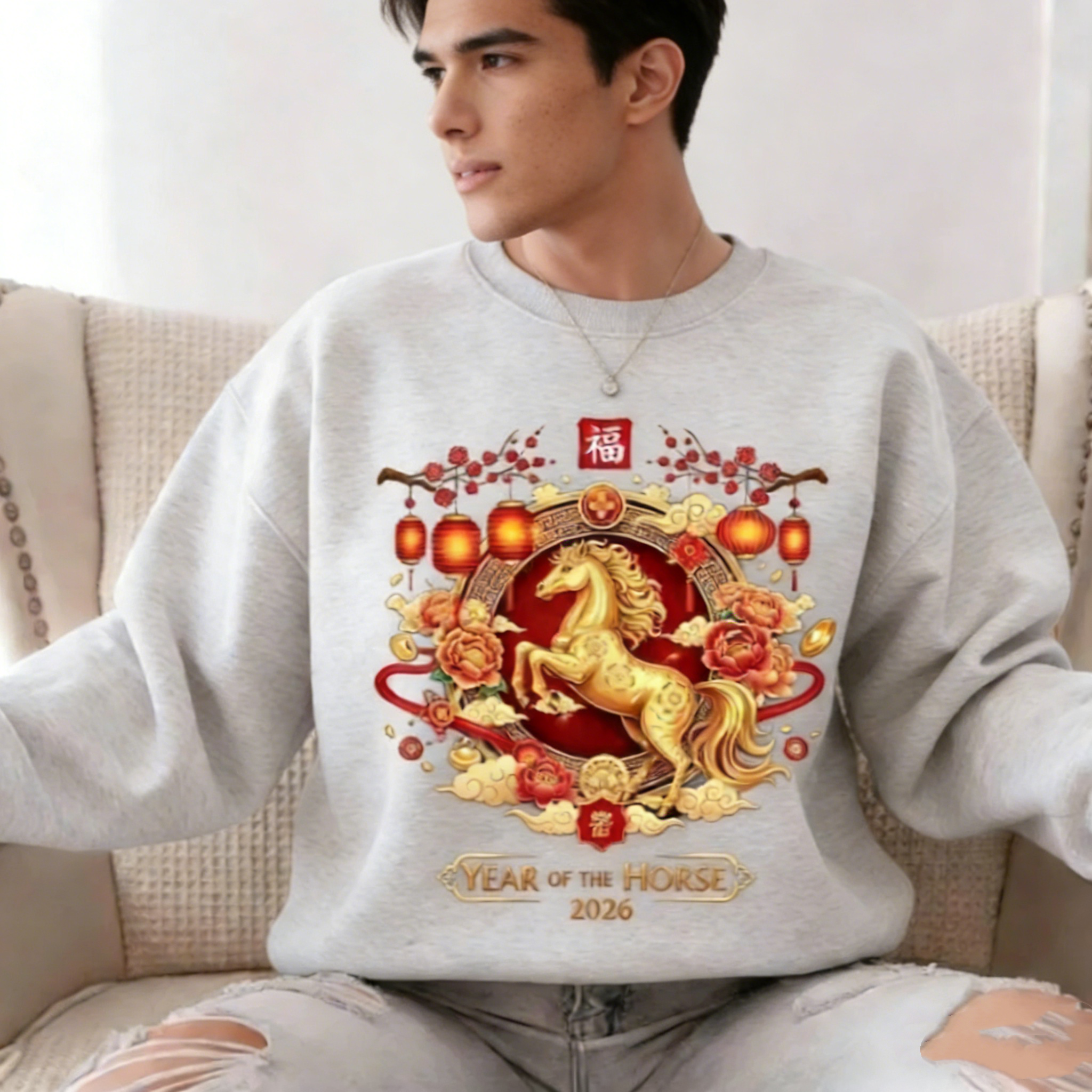 2026 Year of The Horse Men Unisex Sweatshirt Chinese New Year Sweater Chinese Horse Sweatshirt Winter Warm Pullover Clothes
