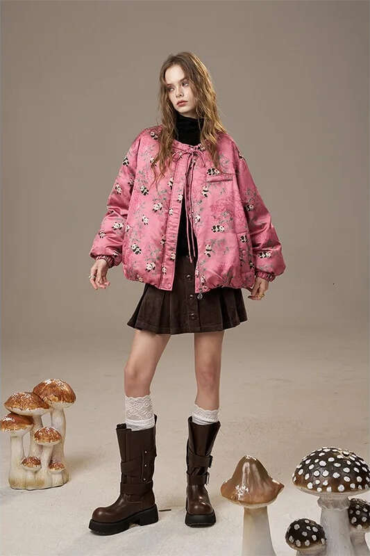 Mardi Hefxessdr ELFSACK Women s Pink Panda Puffer Jacket with Drawstring Warm Quilted Winter Coat Cute Floral Print Casual Street Style