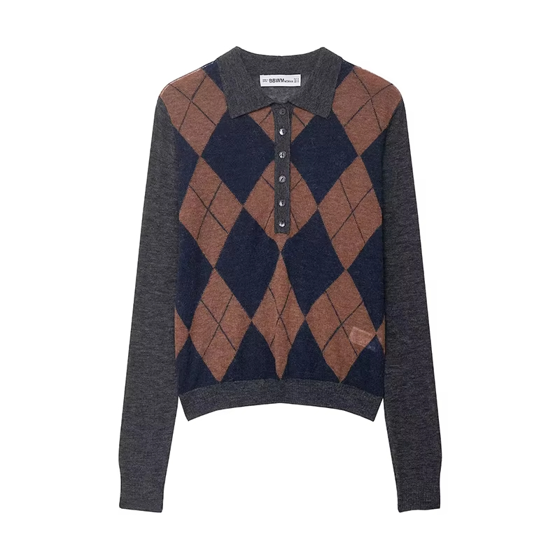 Argyle Plaid Front Button Knitted Pullover Sweater Vintage Lapel Neck Long Sleeves Female Chic Lady Tops