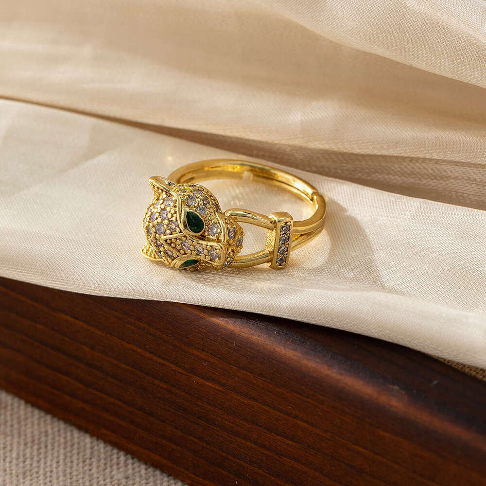 Zircon Fashion Leopard Head Ring Brass-Plated Gold Open Ring Unisex Hip-Hop Style Ring Hand Accessory