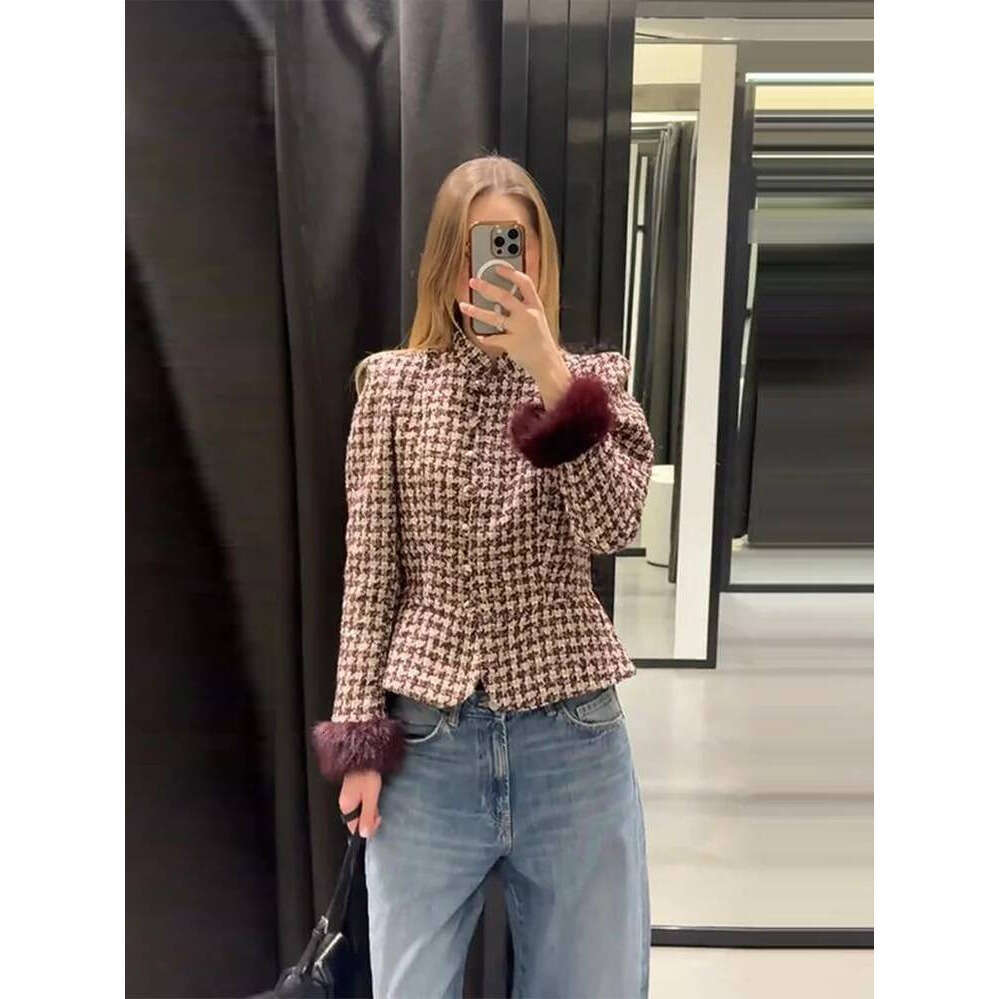 ZHE HAN Fashion Women Stand Collar Tweed Jacket Elegant Long Sleeve Faux Fur Cuffs Coat 2026 Spring New Single Breasted Outerwear Street