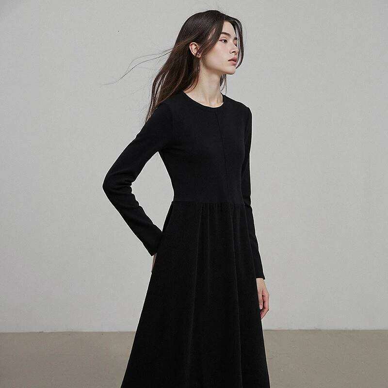 TOYOUTH Women 2025 Winter New Little Black Dress Spliced Crew-neck Minimalist Base Dresses XJ260130