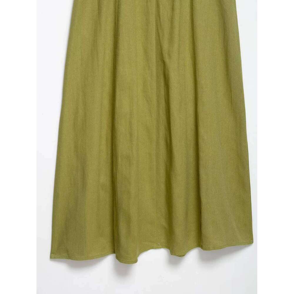 2025 Summer Elegant Women Fashion Solid Square Collar Sleeveless Single Breasted Dress Ladies Vacation Green Spilt Dresses XJ260130