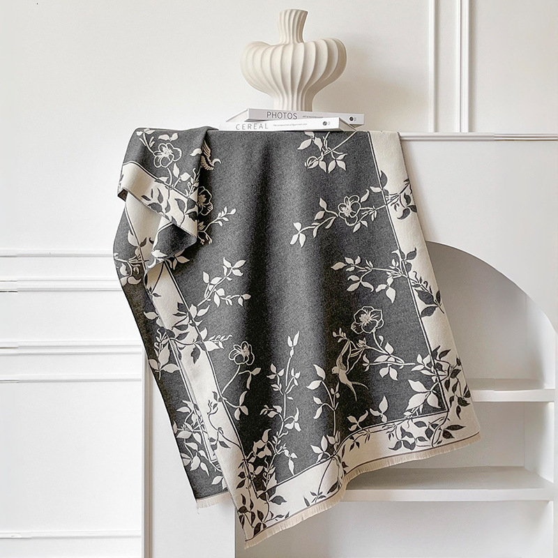Luxury Accessory Scarves Vintage Artistic Imitation Cashmere Scarf Shawl Double-Sided Magpie Flower Vine, Skin-Friendly Soft Neck Warmer, Winter Warm 