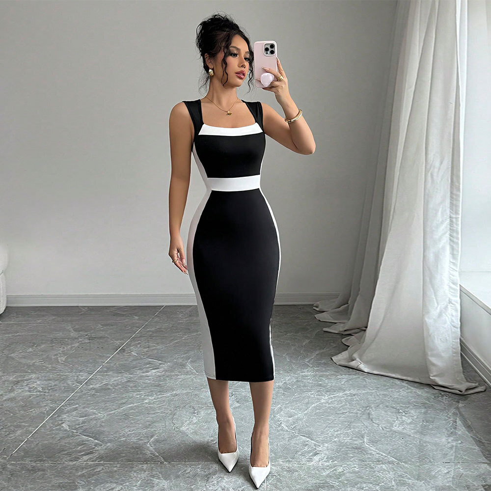 Luxury Brand Designer Clothes 2026 Summer New Women's Fashion Elegant Intellectual Style Dress Square Neck Strap Color-Block Long Dress