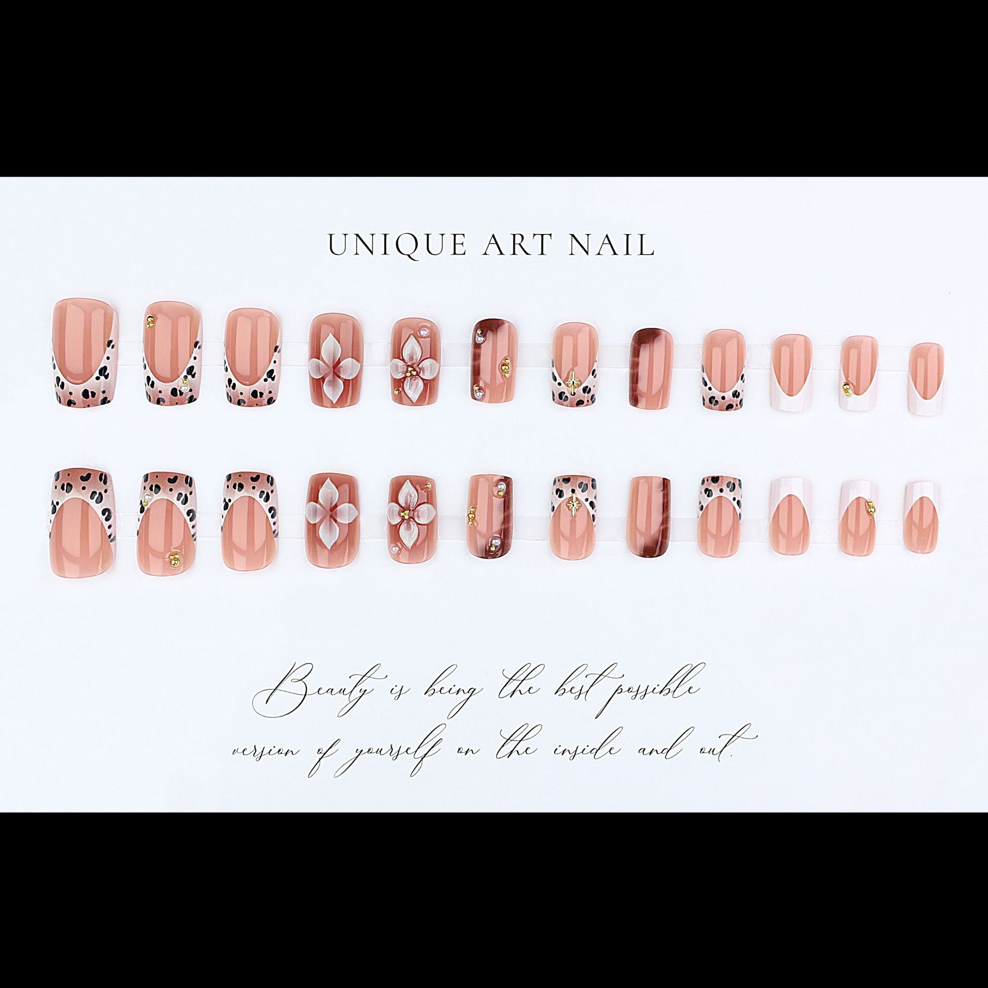 Foreign Trade French Nude Pink Leopard Print 3D Flower Simple Fashion Wearable Nails Detachable Nail Stickers Boxed